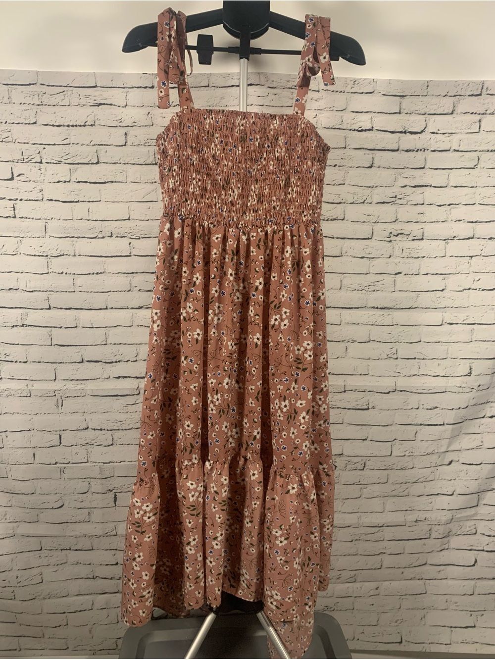SHEIN Rust Floral Smocked Sundress with Tie Straps